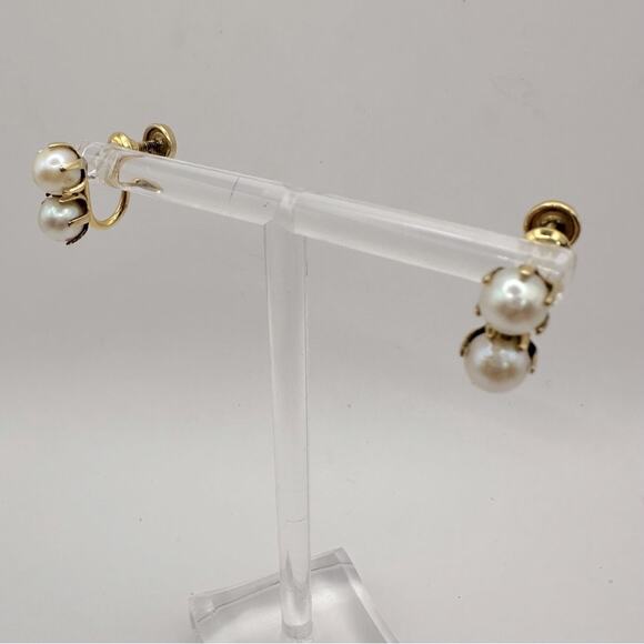 Vintage Double Pearl Screw Back Clip on Earrings Gold Tone Retro 12K Gold Filled - Picture 8 of 10